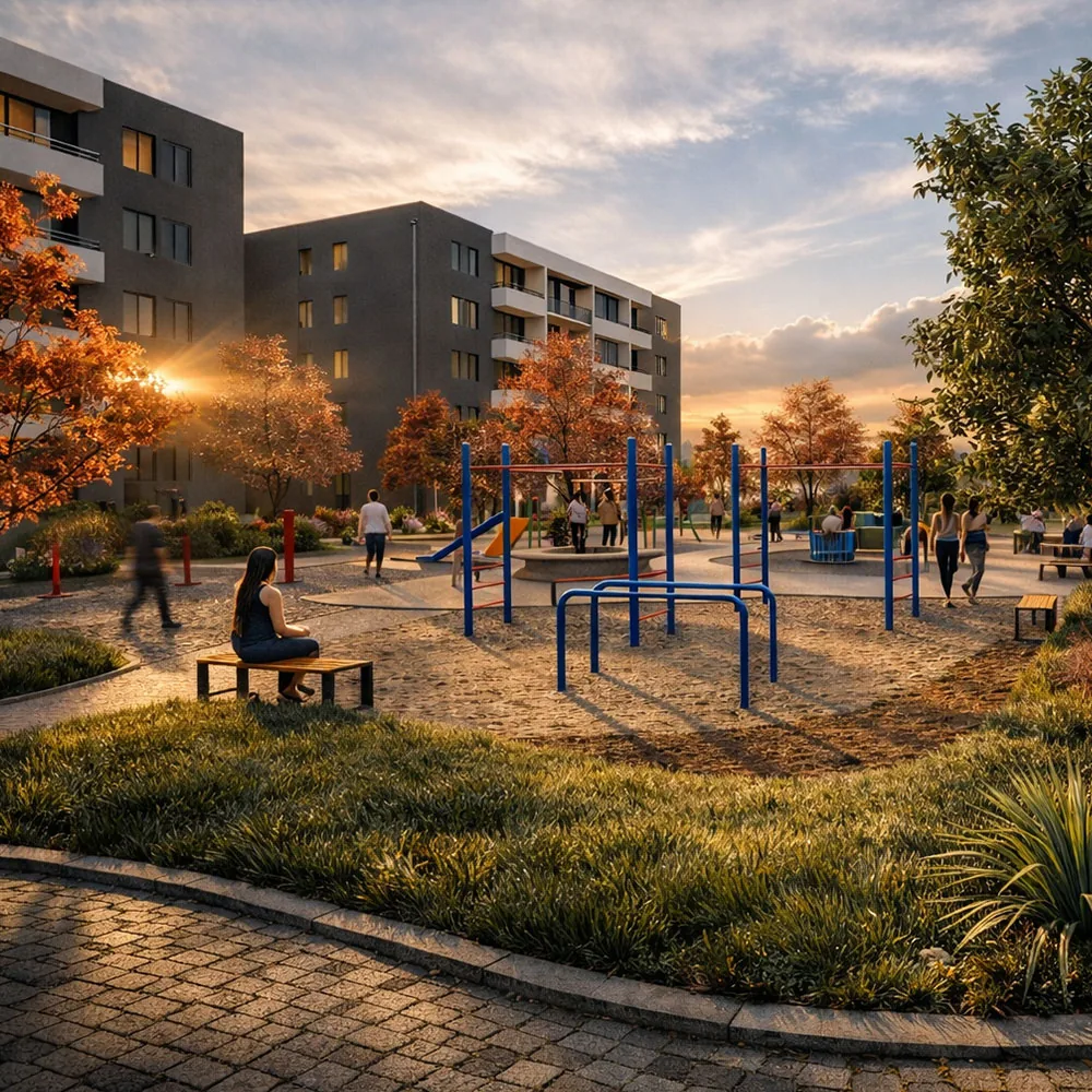 Plaza con máquinas de ejercicio y juegos