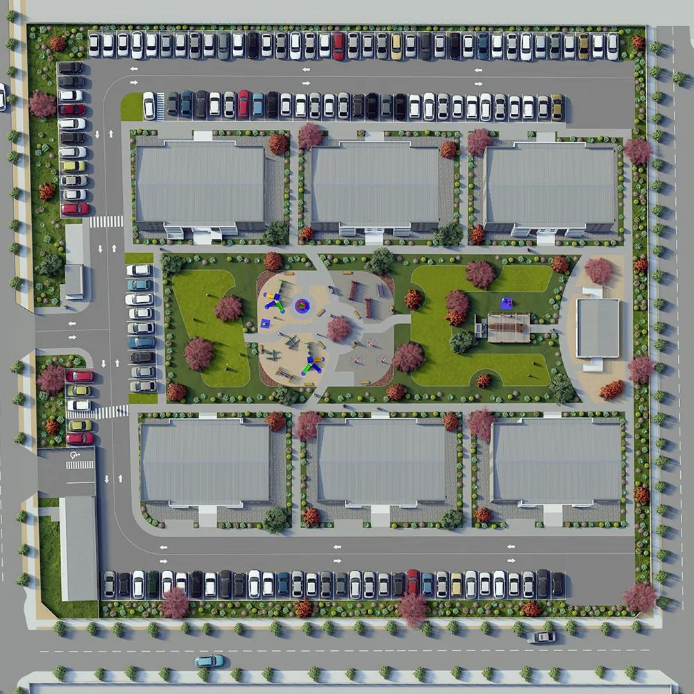 Vista en planta del conjunto: seis edificios, áreas verdes centrales y estacionamientos