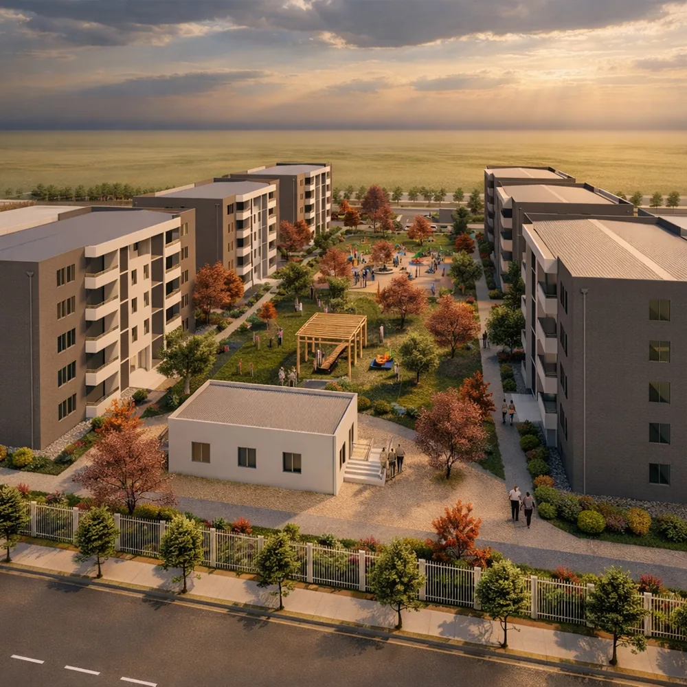 Vista aérea del condominio Altos de Yungay 5, con sus edificios alrededor de las áreas verdes